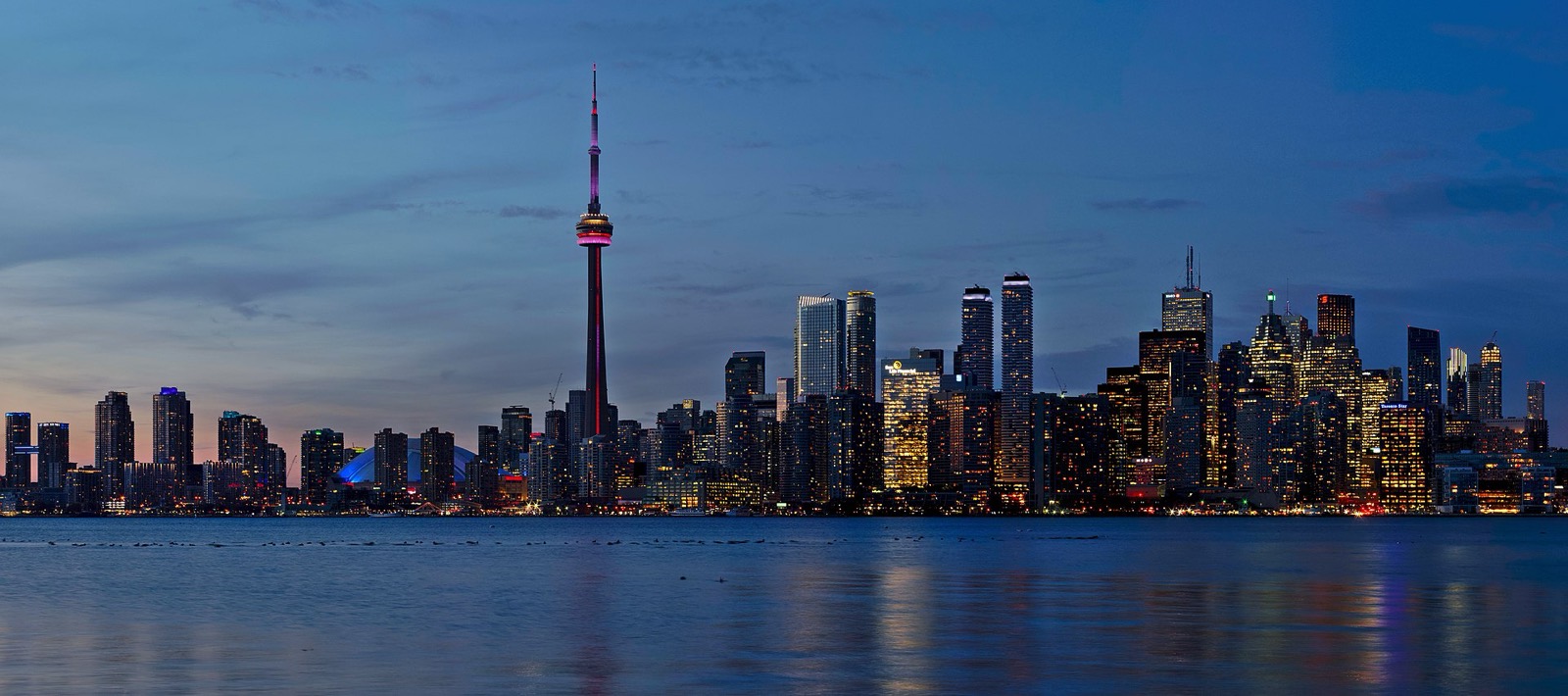 Toronto skyline and CN Tower at blue hour